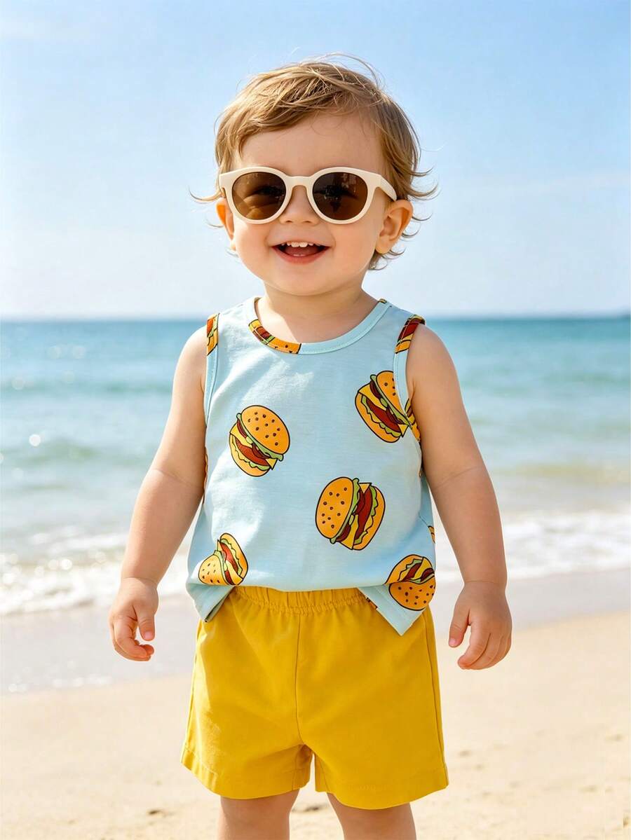 Baby Boy Striped Tank Top and Animal Embroidered Shorts 2 Piece Casual Summer Outfit Set