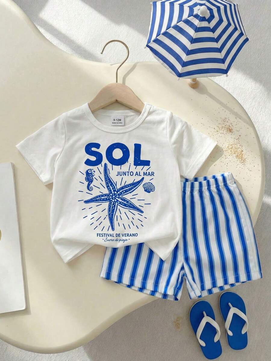 Baby Boy Sun Print T Shirt and Striped Shorts 2 Piece Summer Vacation Outfit Set