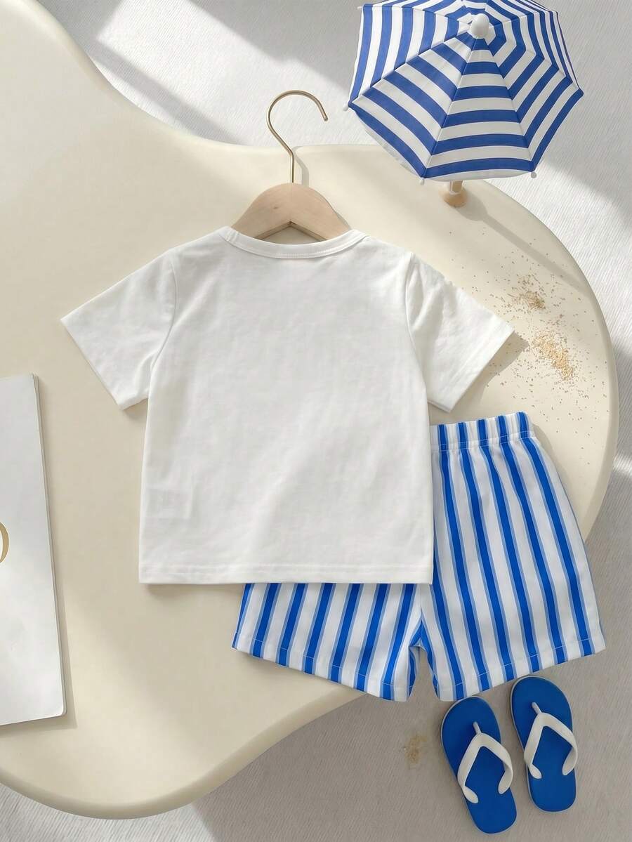 Baby Boy Sun Print T Shirt and Striped Shorts 2 Piece Summer Vacation Outfit Set