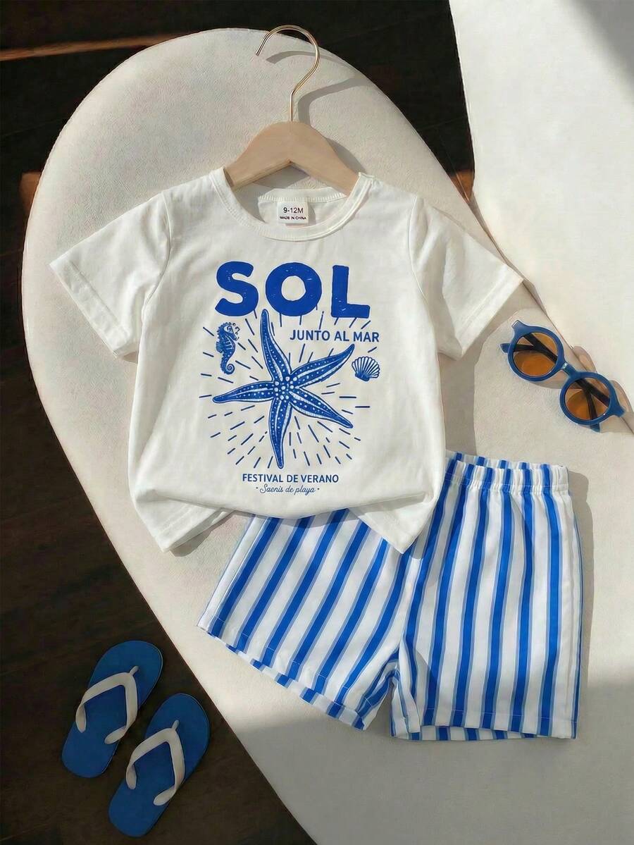 Baby Boy Sun Print T Shirt and Striped Shorts 2 Piece Summer Vacation Outfit Set