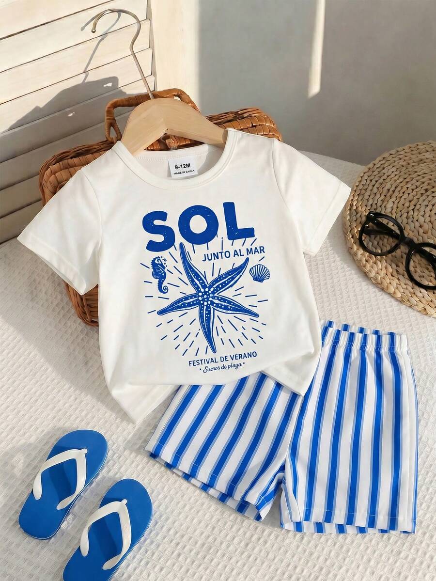 Baby Boy Sun Print T Shirt and Striped Shorts 2 Piece Summer Vacation Outfit Set
