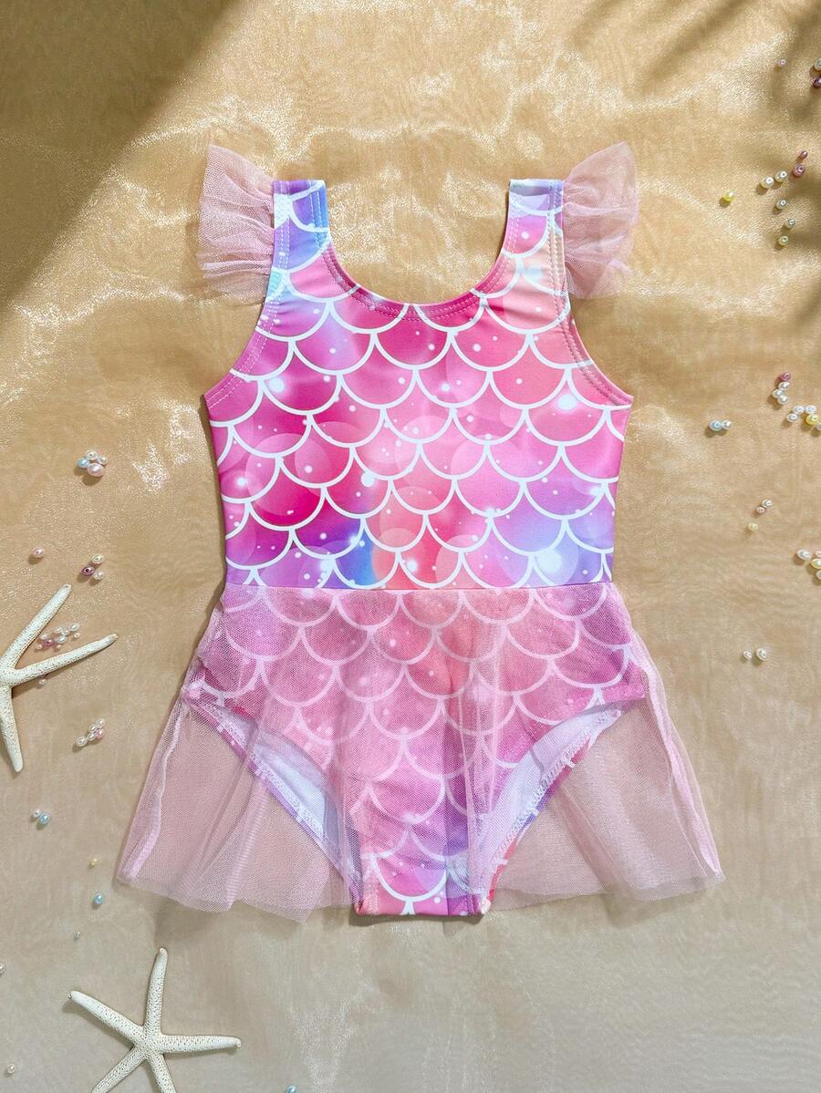 Baby Girls Mermaid Fish Scale One Piece Swimsuit Cute Ocean Princess Beachwear