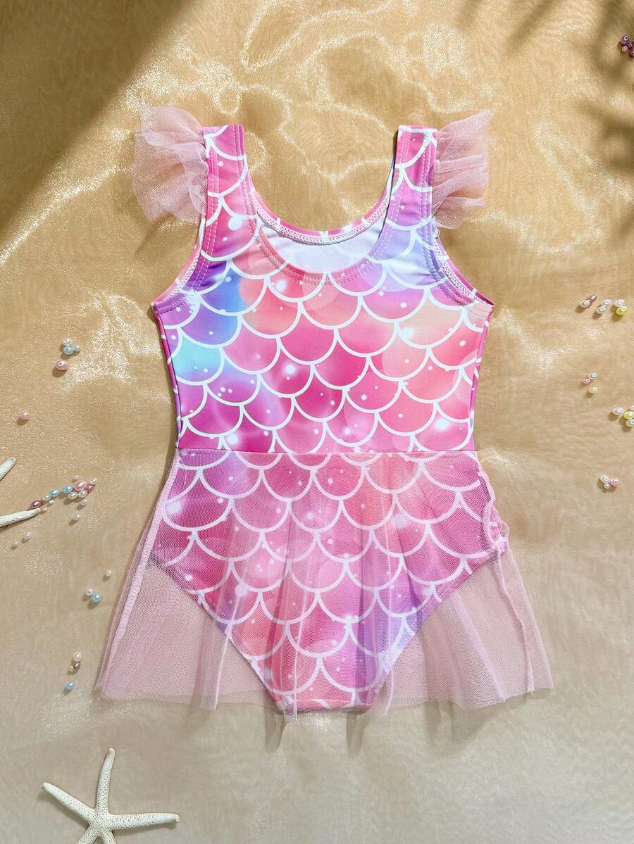 Baby Girls Mermaid Fish Scale One Piece Swimsuit Cute Ocean Princess Beachwear