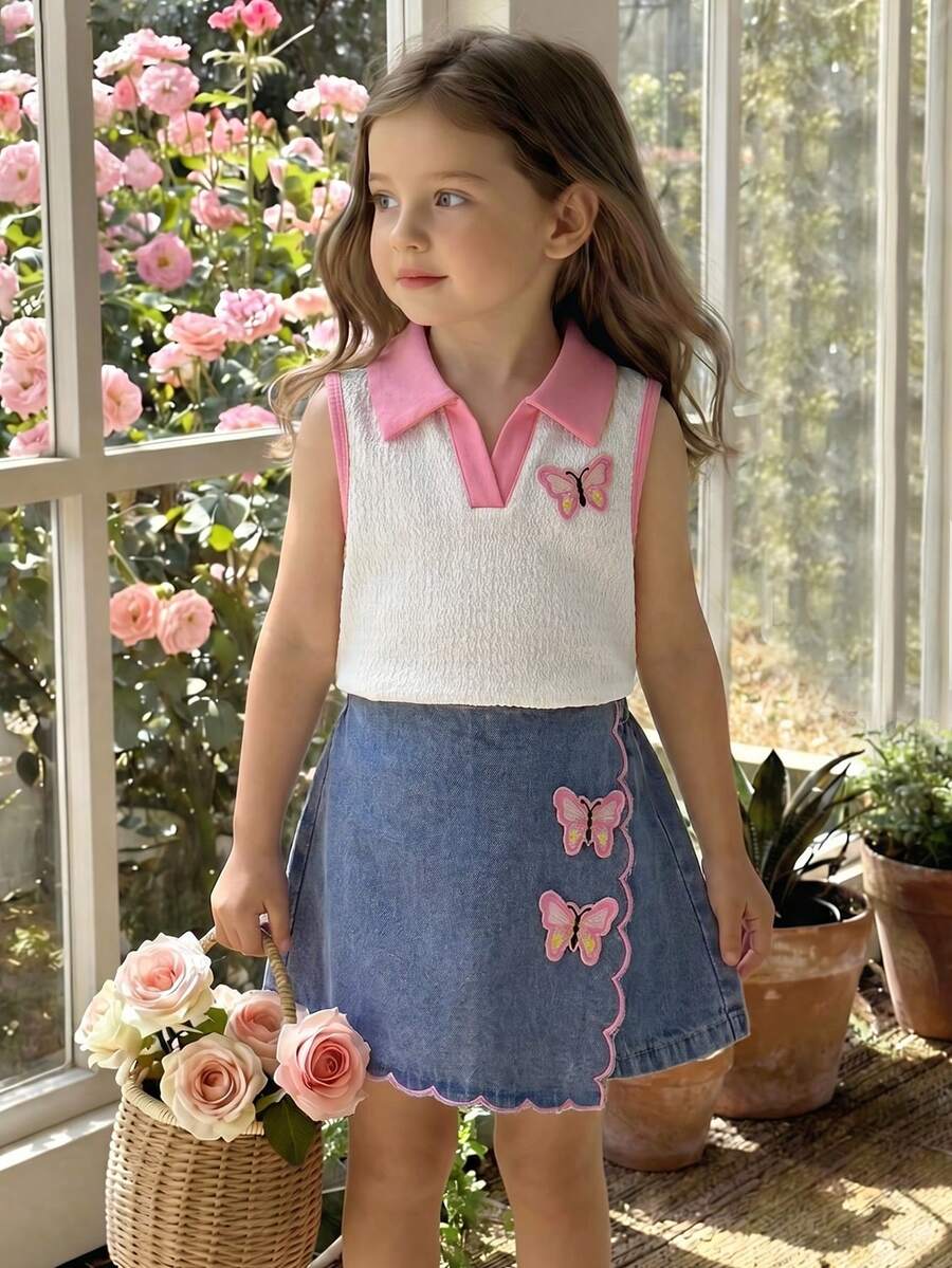 Toddler Girls Textured Knit Vest Top And Denim Skort Flower Embroidered Summer Outfit Set