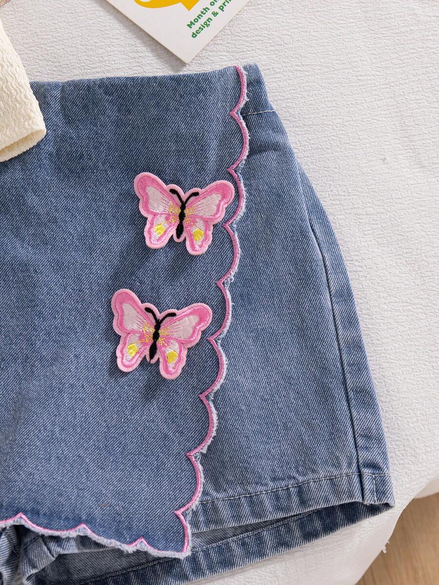 Toddler Girls Textured Knit Vest Top And Denim Skort Flower Embroidered Summer Outfit Set