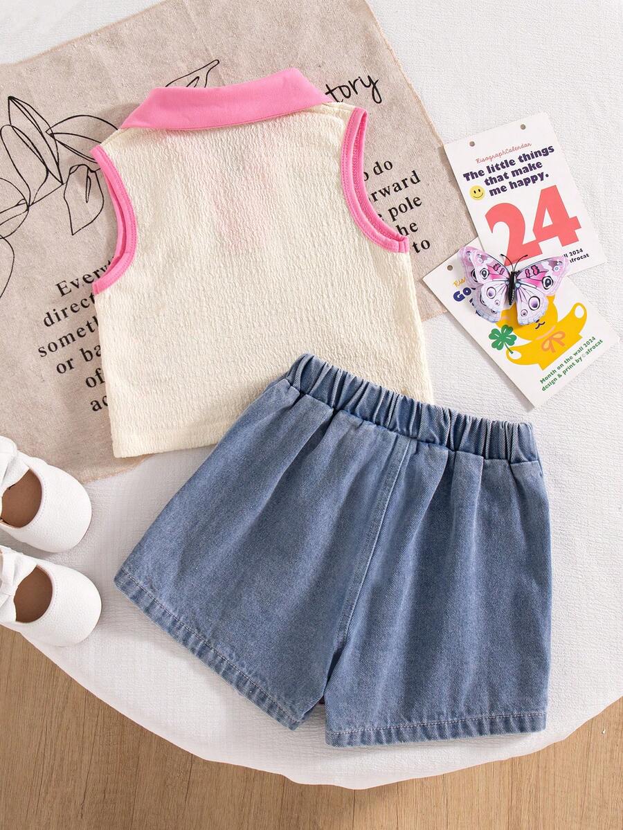 Toddler Girls Textured Knit Vest Top And Denim Skort Flower Embroidered Summer Outfit Set