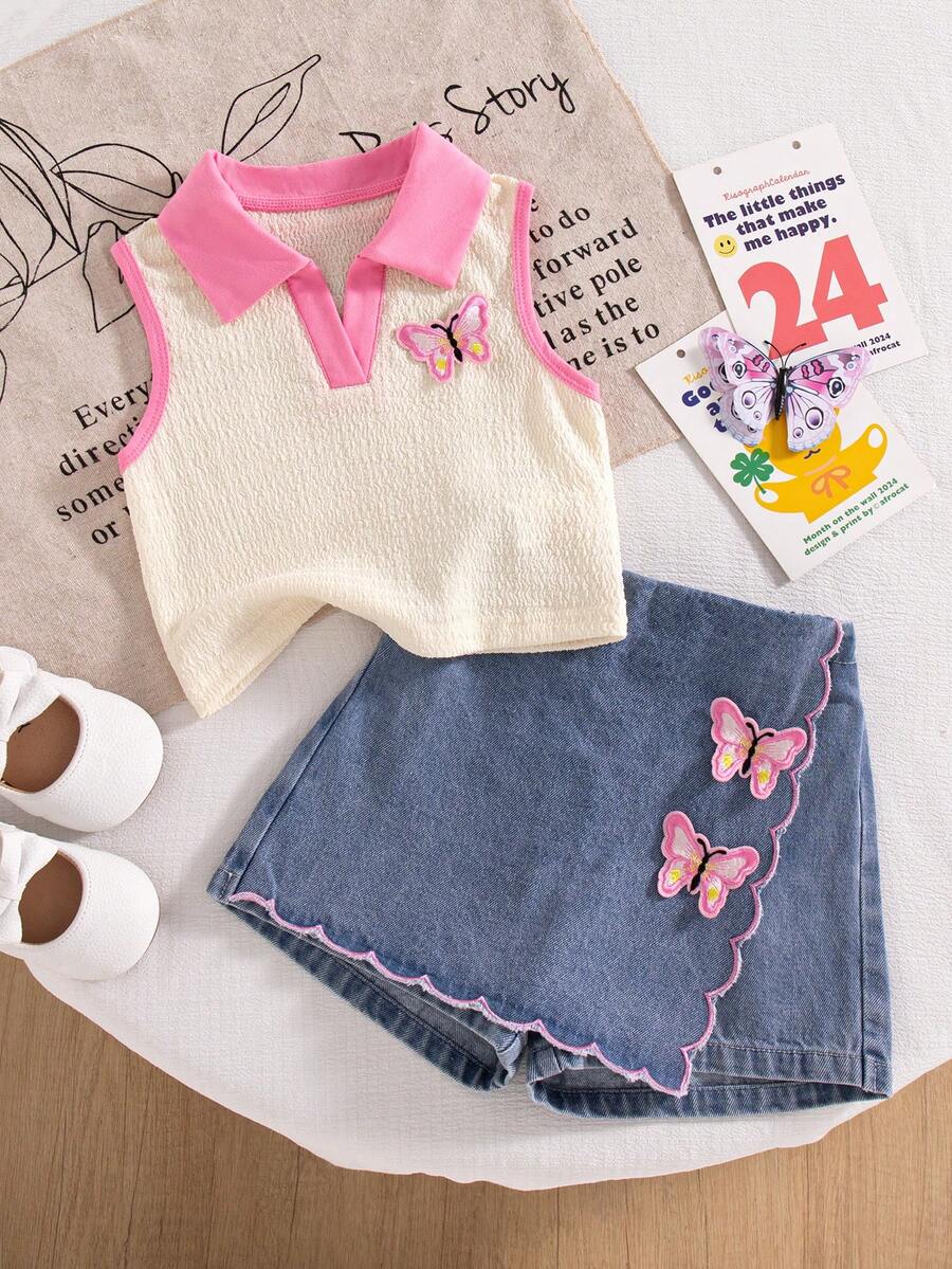 Toddler Girls Textured Knit Vest Top And Denim Skort Flower Embroidered Summer Outfit Set