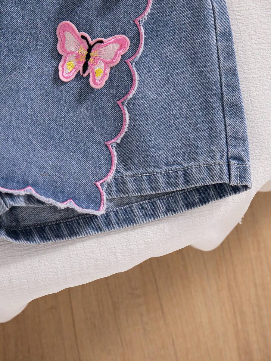 Toddler Girls Textured Knit Vest Top And Denim Skort Flower Embroidered Summer Outfit Set