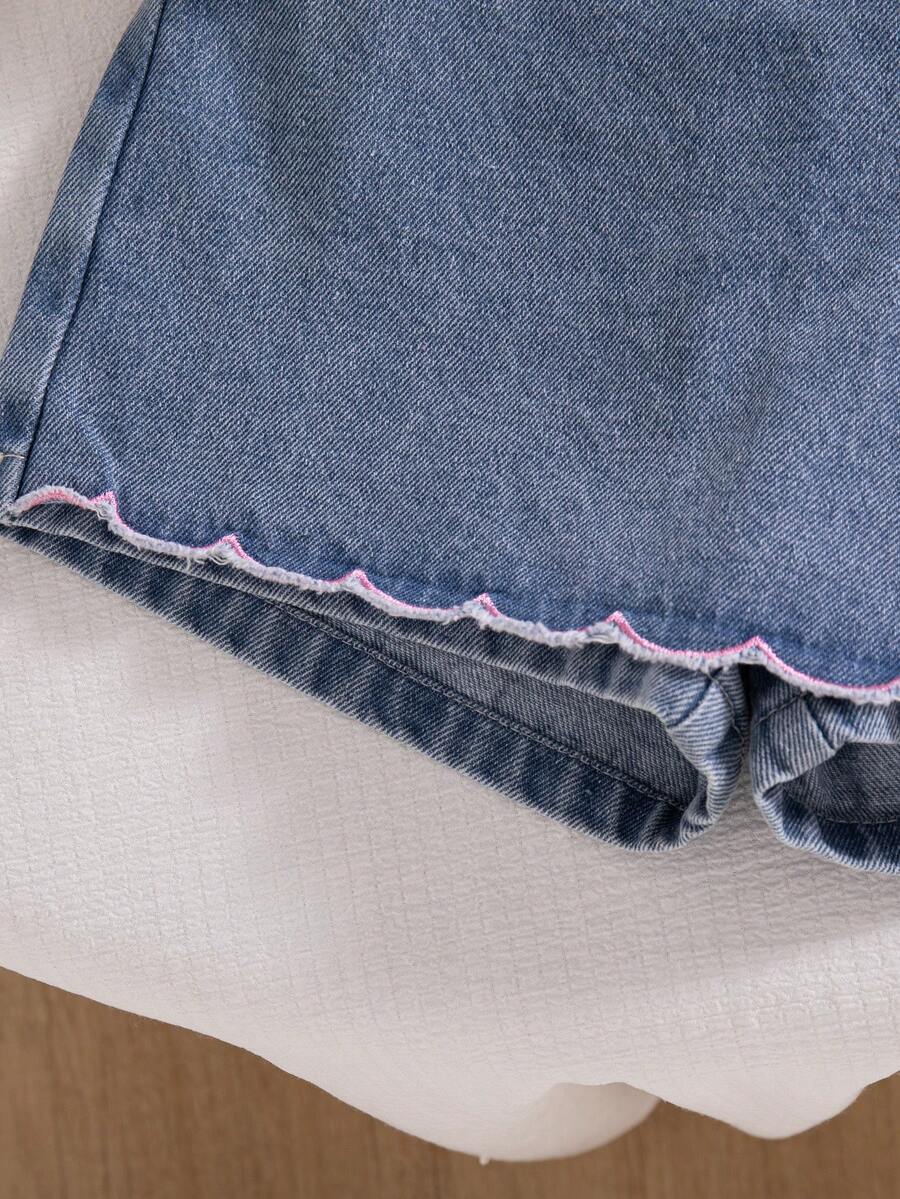 Toddler Girls Textured Knit Vest Top And Denim Skort Flower Embroidered Summer Outfit Set