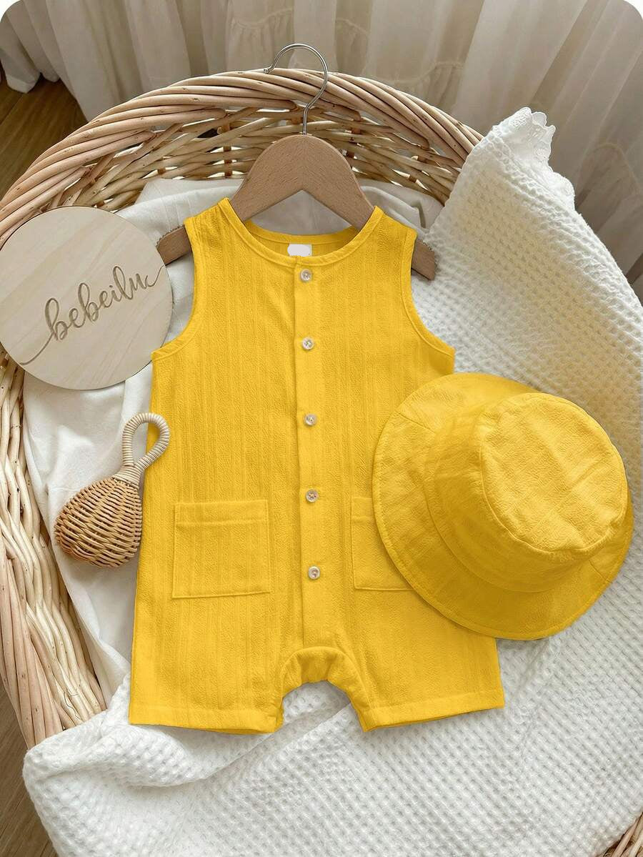 Baby Boy White Sleeveless Romper with Pockets Casual Short Jumpsuit for Everyday Wear