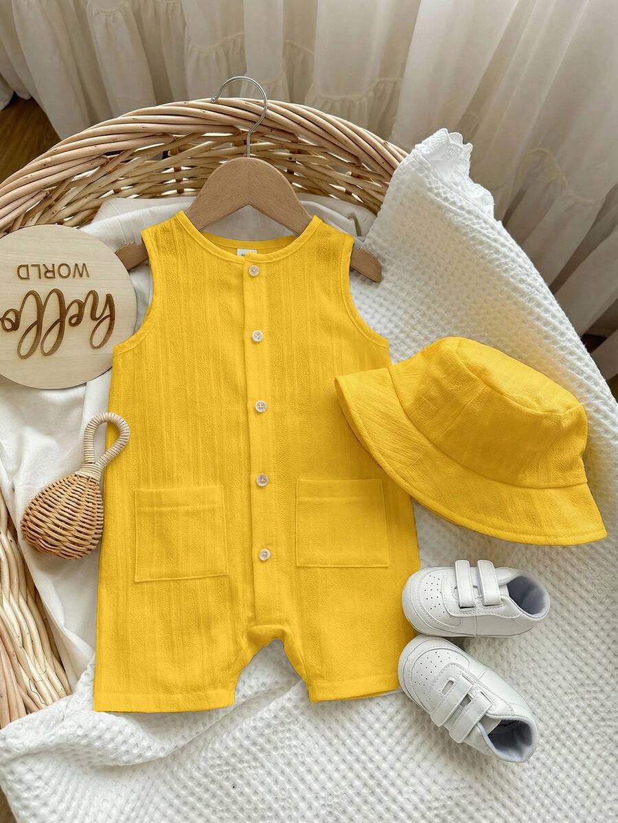 Baby Boy White Sleeveless Romper with Pockets Casual Short Jumpsuit for Everyday Wear
