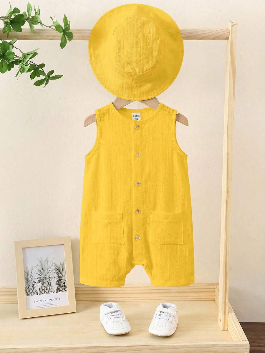 Baby Boy White Sleeveless Romper with Pockets Casual Short Jumpsuit for Everyday Wear