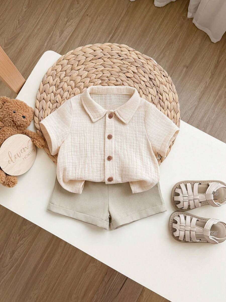Baby Boy 2pcs Knit Jacquard Summer Set - Short Sleeve Shirt & Elastic Shorts