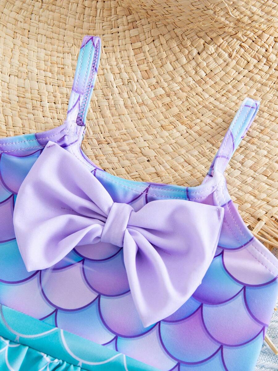 Baby Mermaid Print Bow Color Block One-Piece Swimsuit for Summer Beach Days