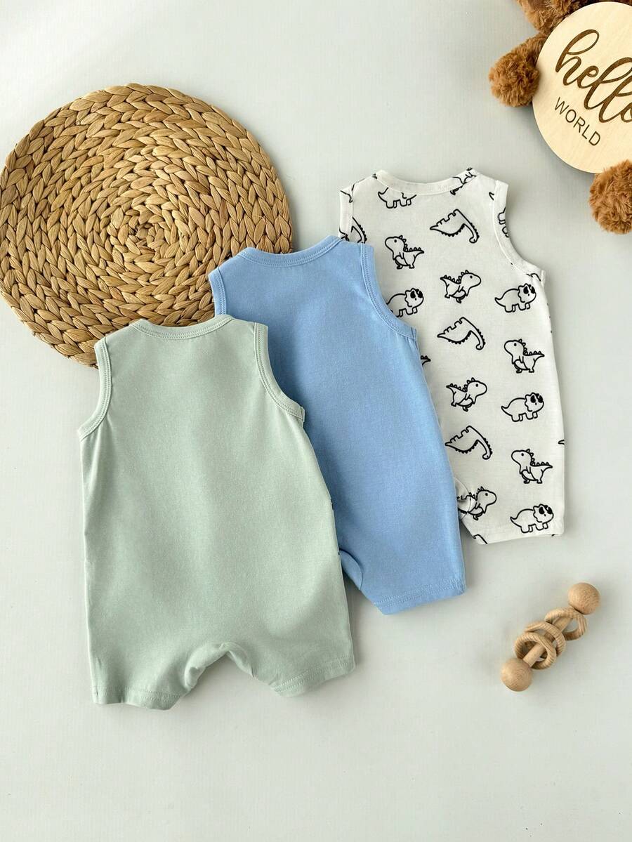 Newborn Soft Knit Summer Romper Set - 3pcs Cute Cartoon Graphic Outfits