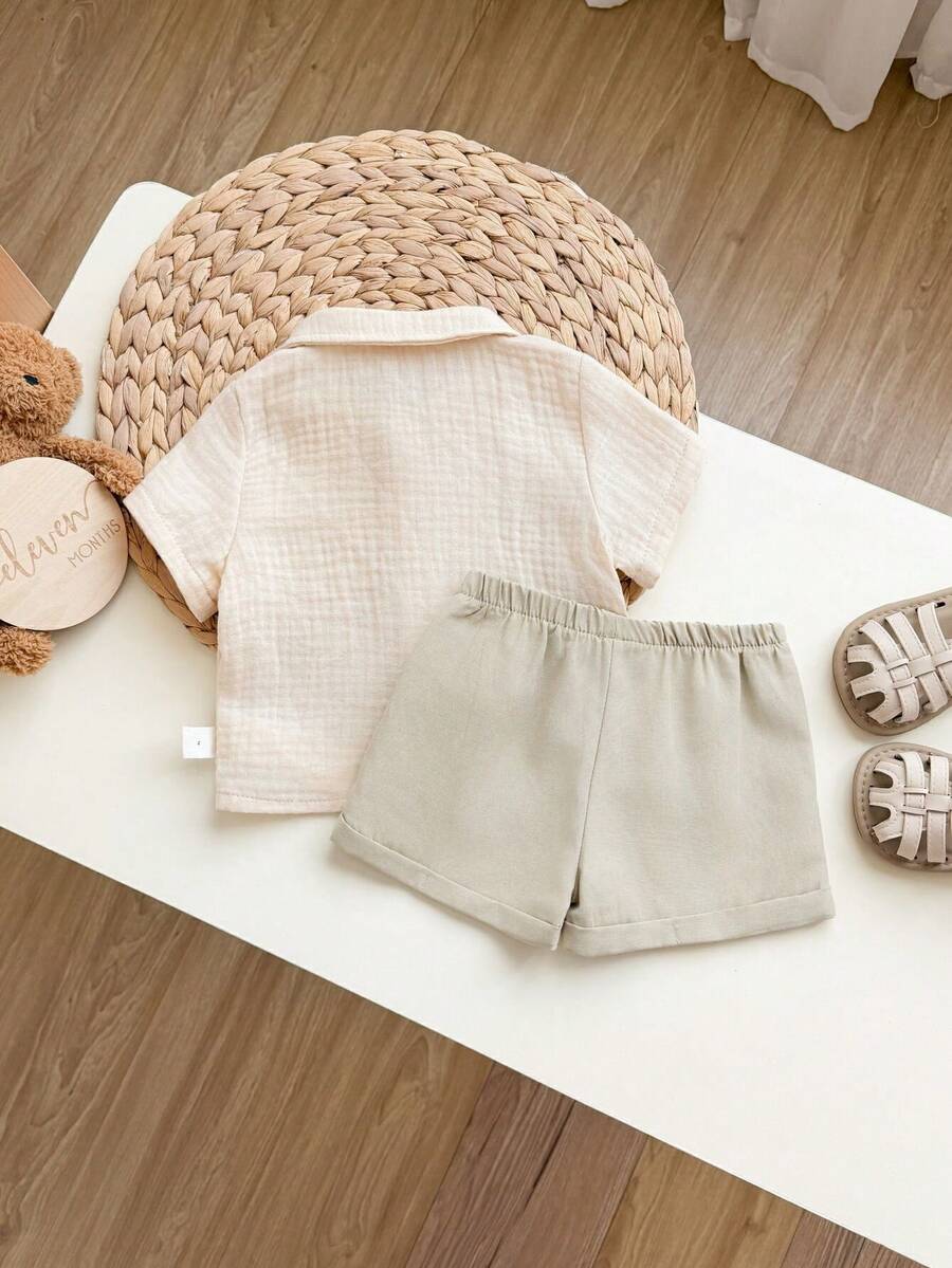 Baby Boy 2pcs Knit Jacquard Summer Set - Short Sleeve Shirt & Elastic Shorts