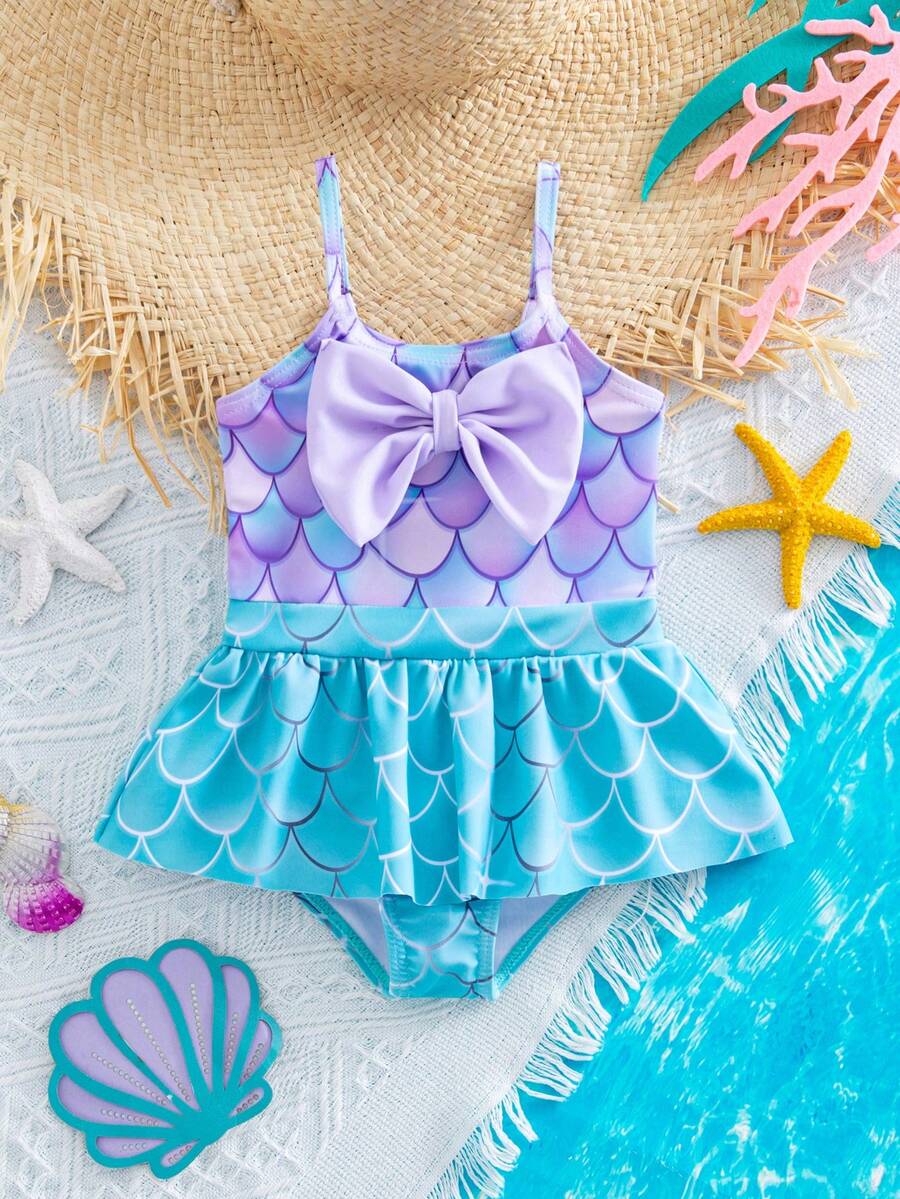 Baby Mermaid Print Bow Color Block One-Piece Swimsuit for Summer Beach Days