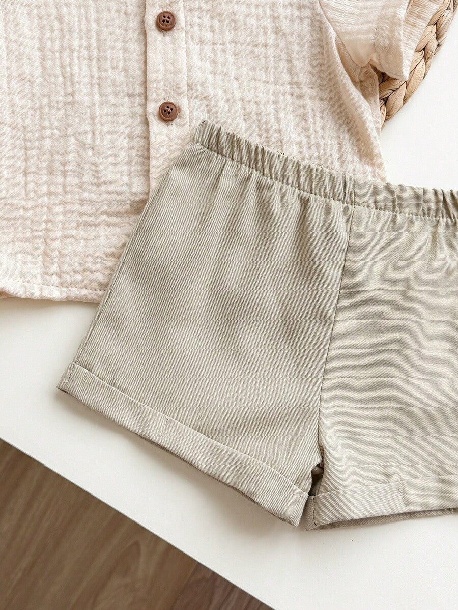Baby Boy 2pcs Knit Jacquard Summer Set - Short Sleeve Shirt & Elastic Shorts