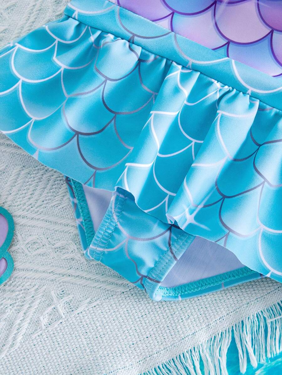 Baby Mermaid Print Bow Color Block One-Piece Swimsuit for Summer Beach Days