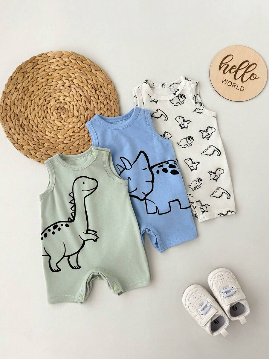 Newborn Soft Knit Summer Romper Set - 3pcs Cute Cartoon Graphic Outfits