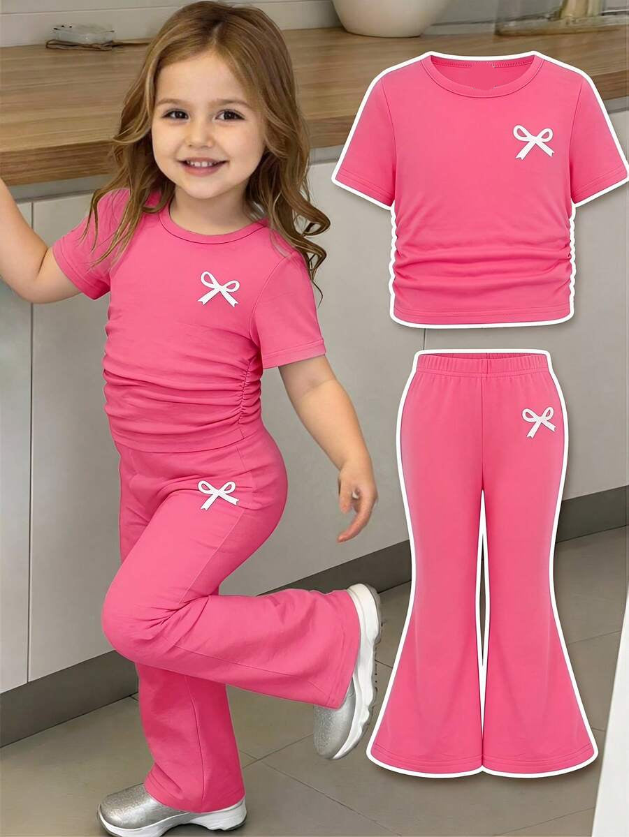 Spring Summer Flare Pants Outfit For Little Girls With Bow Print Design