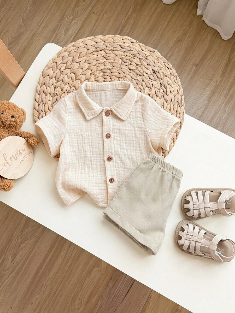 Baby Boy 2pcs Knit Jacquard Summer Set - Short Sleeve Shirt & Elastic Shorts