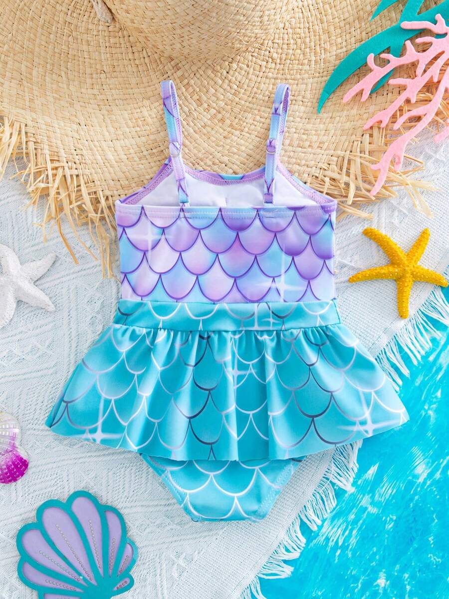 Baby Mermaid Print Bow Color Block One-Piece Swimsuit for Summer Beach Days