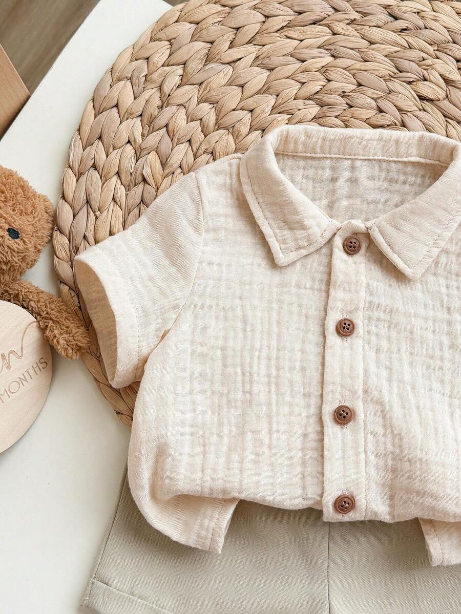 Baby Boy 2pcs Knit Jacquard Summer Set - Short Sleeve Shirt & Elastic Shorts