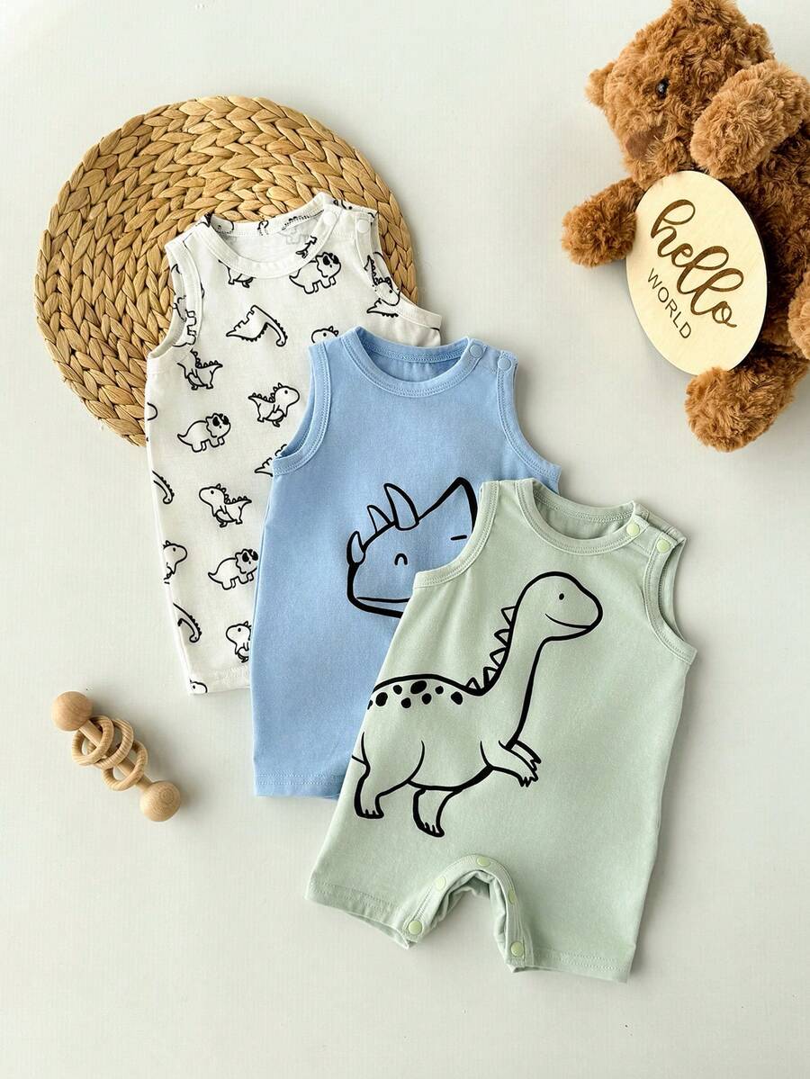 Newborn Soft Knit Summer Romper Set - 3pcs Cute Cartoon Graphic Outfits