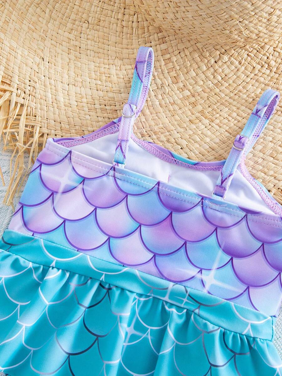 Baby Mermaid Print Bow Color Block One-Piece Swimsuit for Summer Beach Days