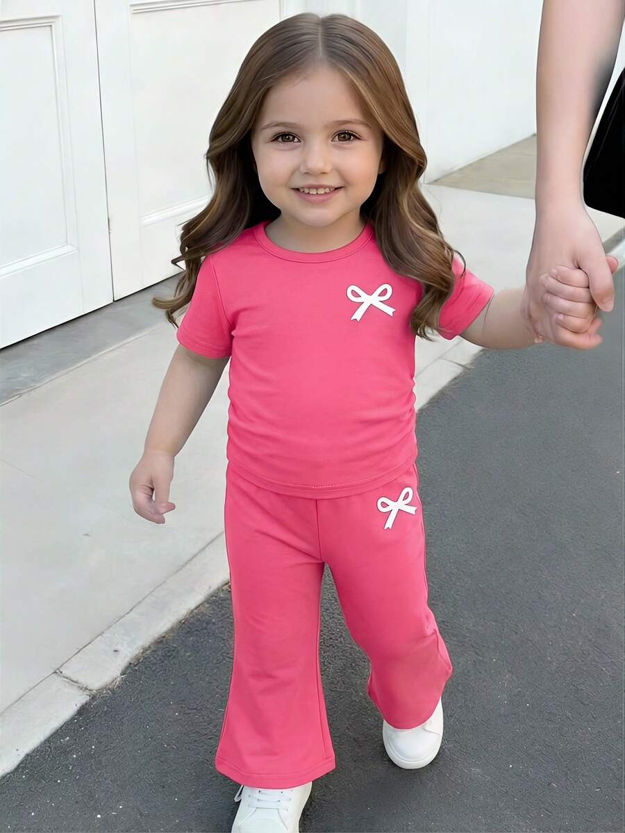 Spring Summer Flare Pants Outfit For Little Girls With Bow Print Design