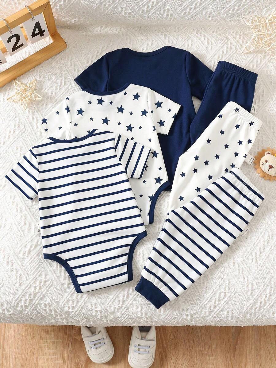 6pcs Baby Romper and Pants Set with Colorblock Stripes and Star Pattern for Spring and Summer
