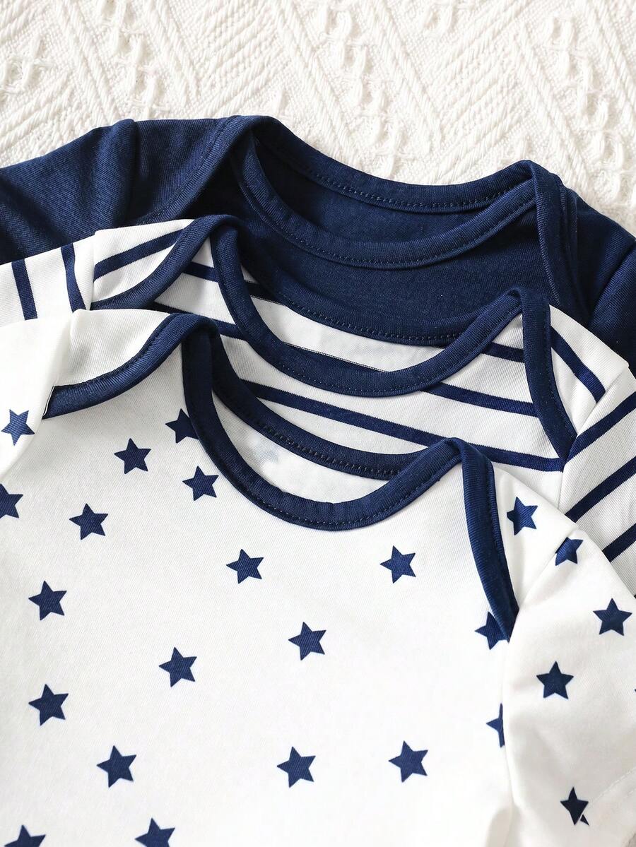6pcs Baby Romper and Pants Set with Colorblock Stripes and Star Pattern for Spring and Summer