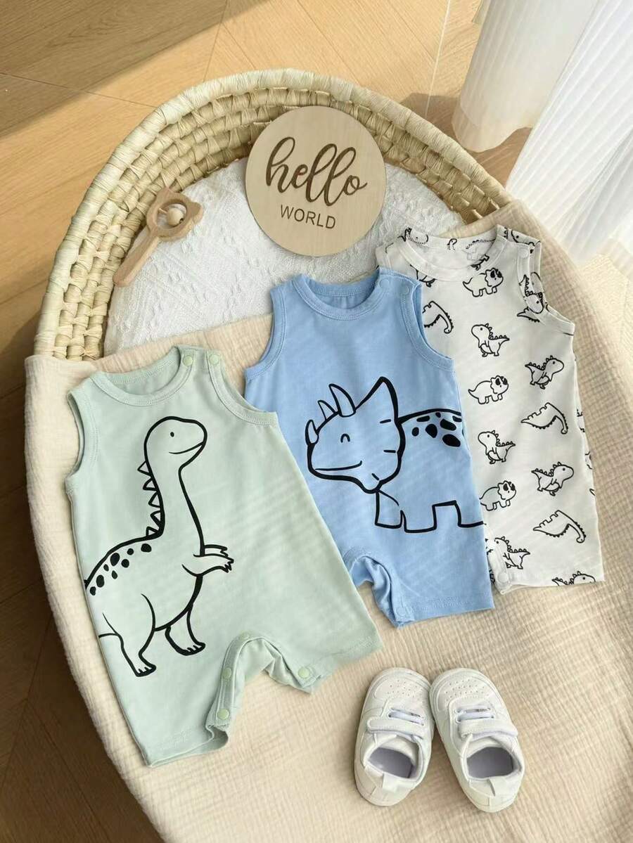 Newborn Soft Knit Summer Romper Set - 3pcs Cute Cartoon Graphic Outfits