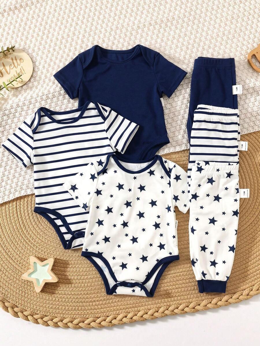 6pcs Baby Romper and Pants Set with Colorblock Stripes and Star Pattern for Spring and Summer
