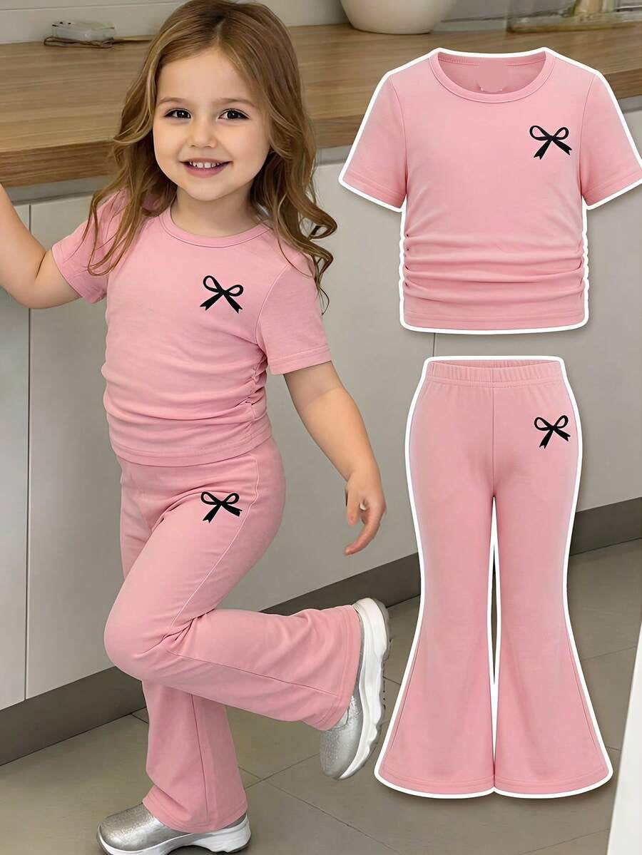 Spring Summer Flare Pants Outfit For Little Girls With Bow Print Design