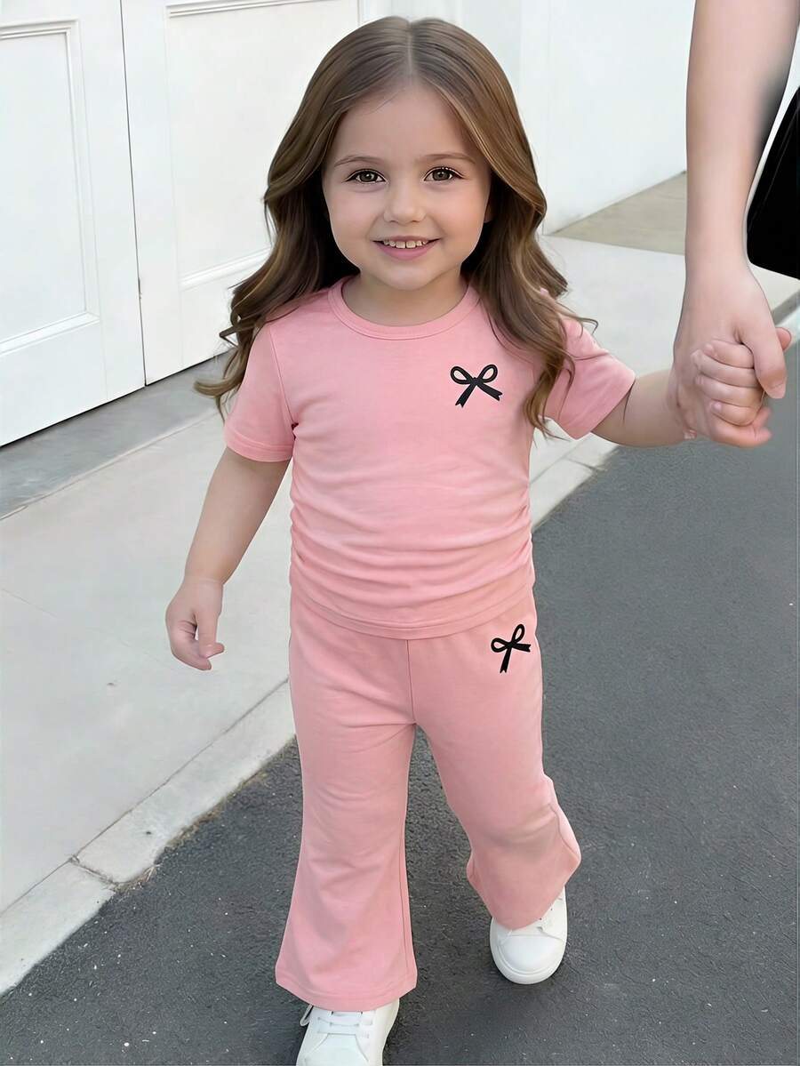 Spring Summer Flare Pants Outfit For Little Girls With Bow Print Design