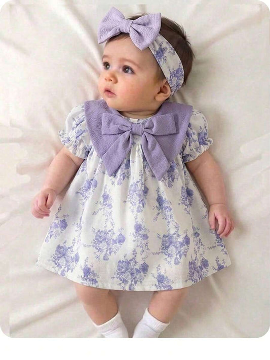 Baby Girl Floral Color Dress - Cute Lilac Summer Bow Dress for Newborns, Perfect Gift for Baby Girls