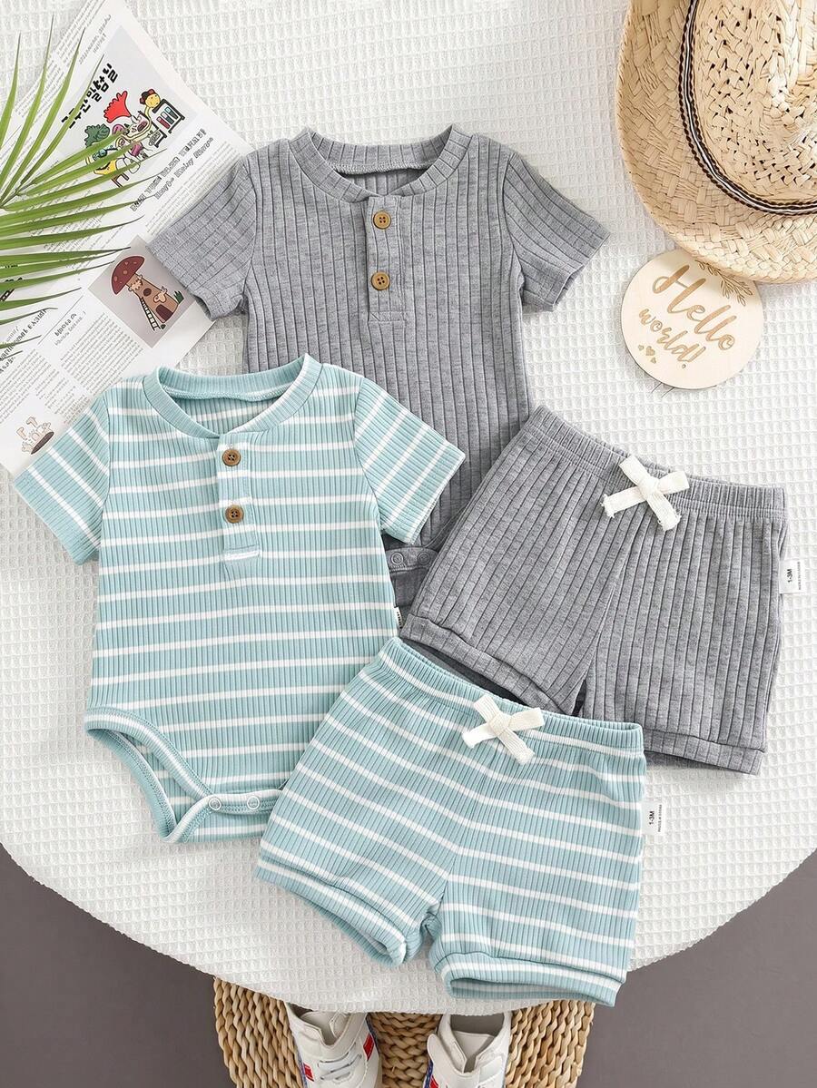 Striped Bodysuit and Shorts 4 Piece Outfit Set for Cute Summer Daily Wear