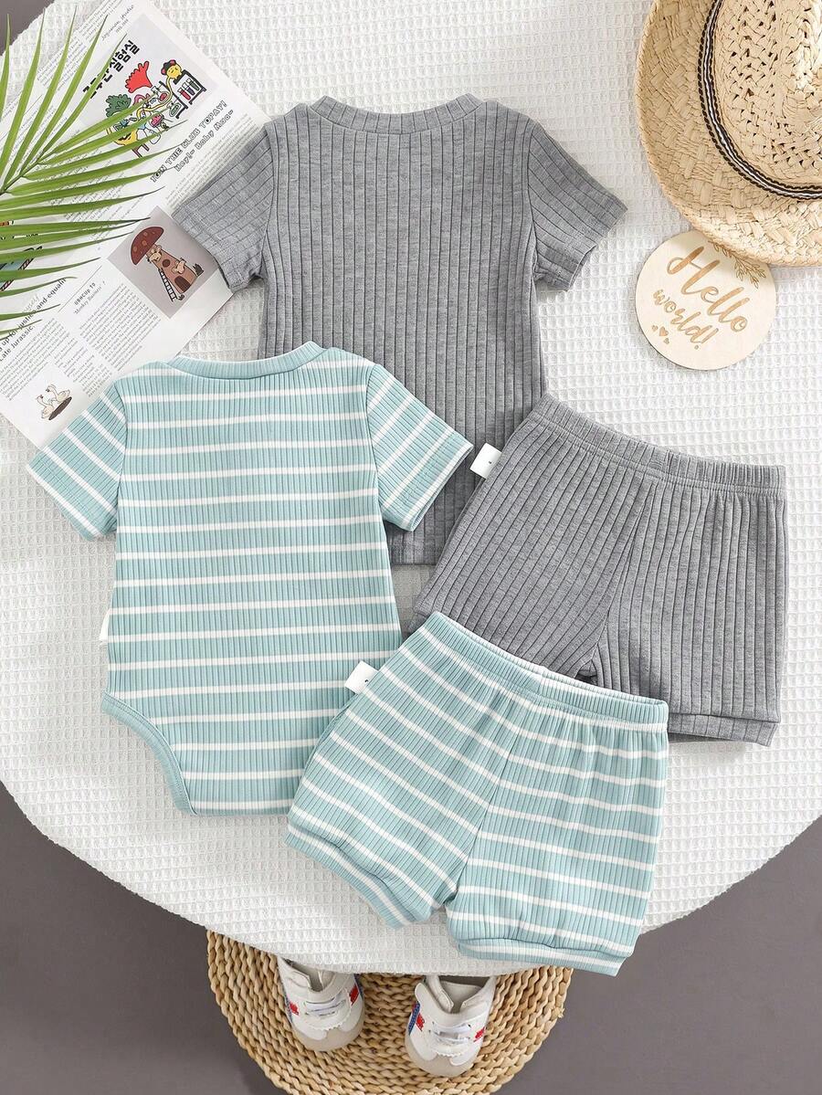 Striped Bodysuit and Shorts 4 Piece Outfit Set for Cute Summer Daily Wear