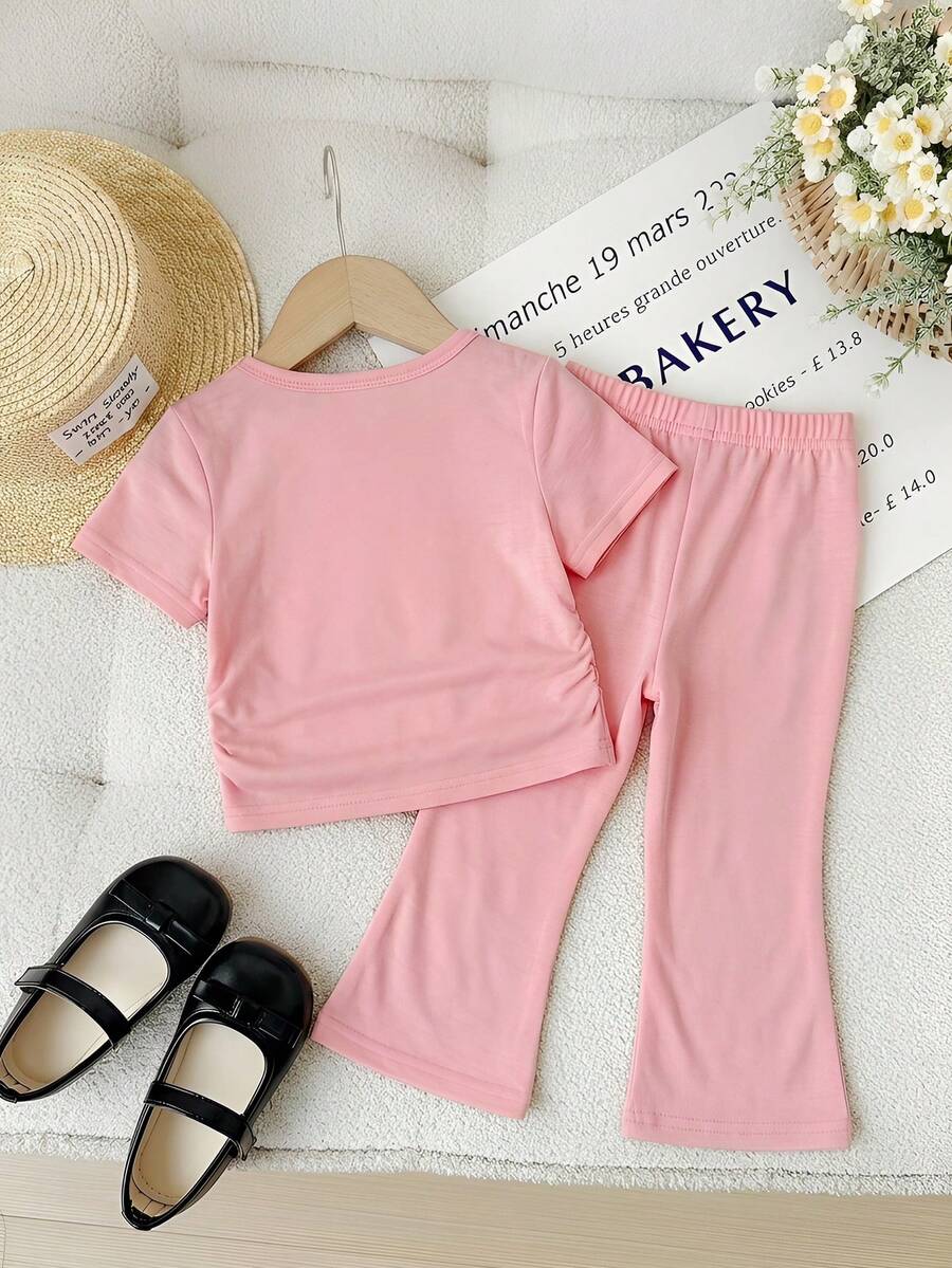 Spring Summer Flare Pants Outfit For Little Girls With Bow Print Design