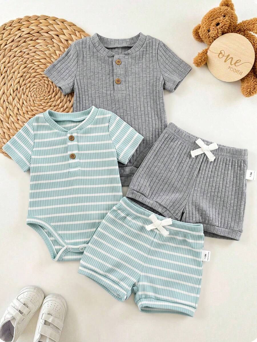 Striped Bodysuit and Shorts 4 Piece Outfit Set for Cute Summer Daily Wear