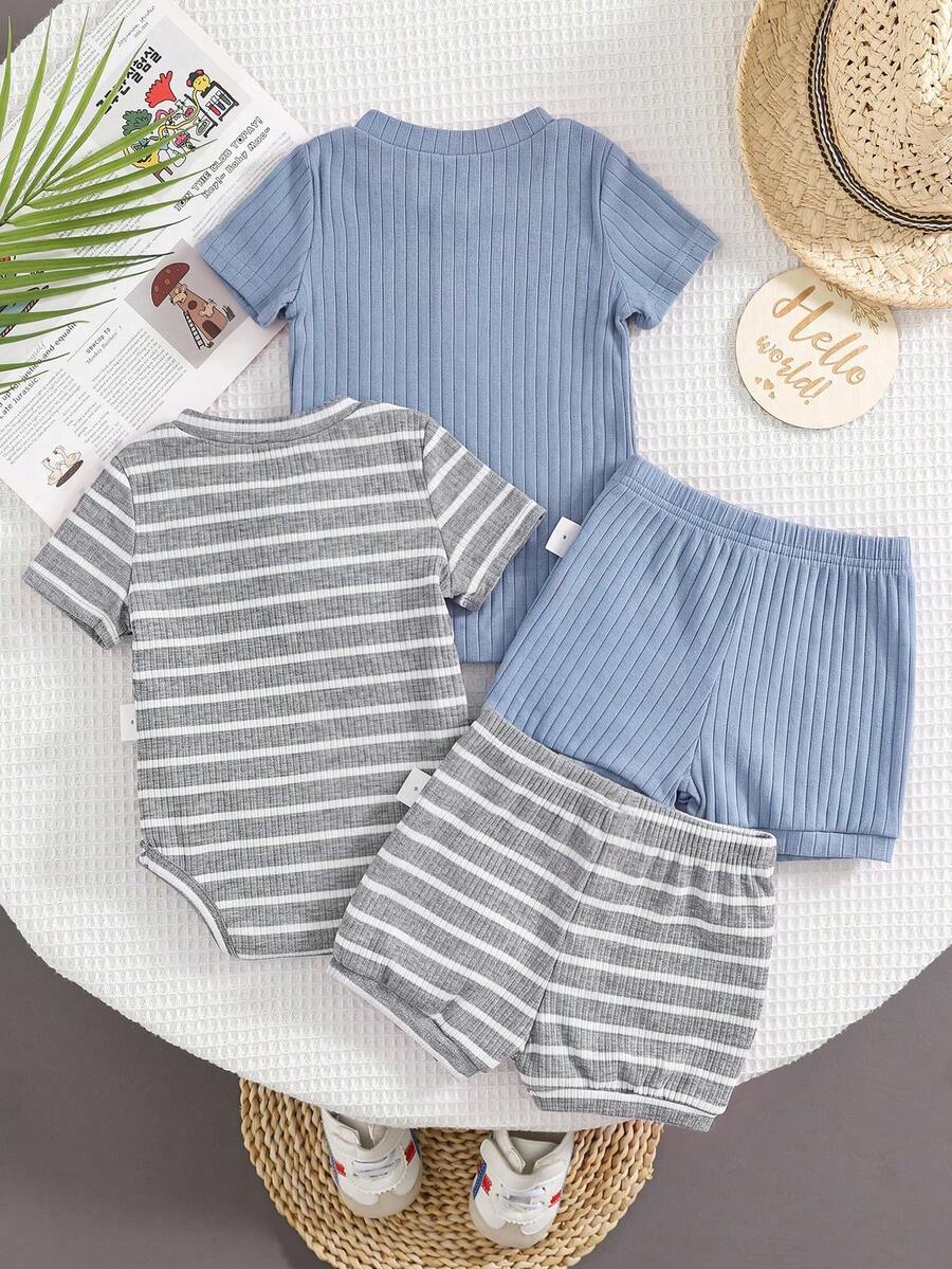 Striped Bodysuit and Shorts 4 Piece Outfit Set for Cute Summer Daily Wear