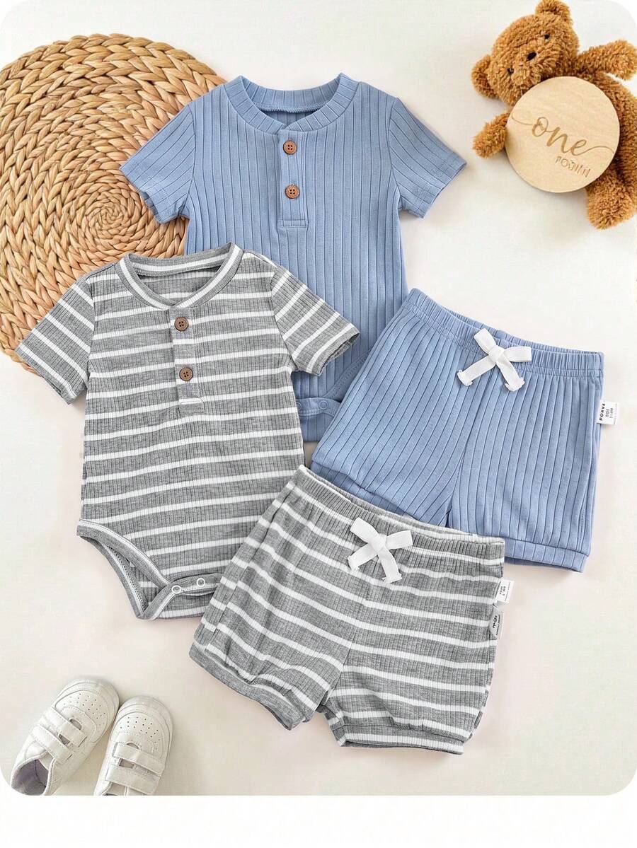 Striped Bodysuit and Shorts 4 Piece Outfit Set for Cute Summer Daily Wear