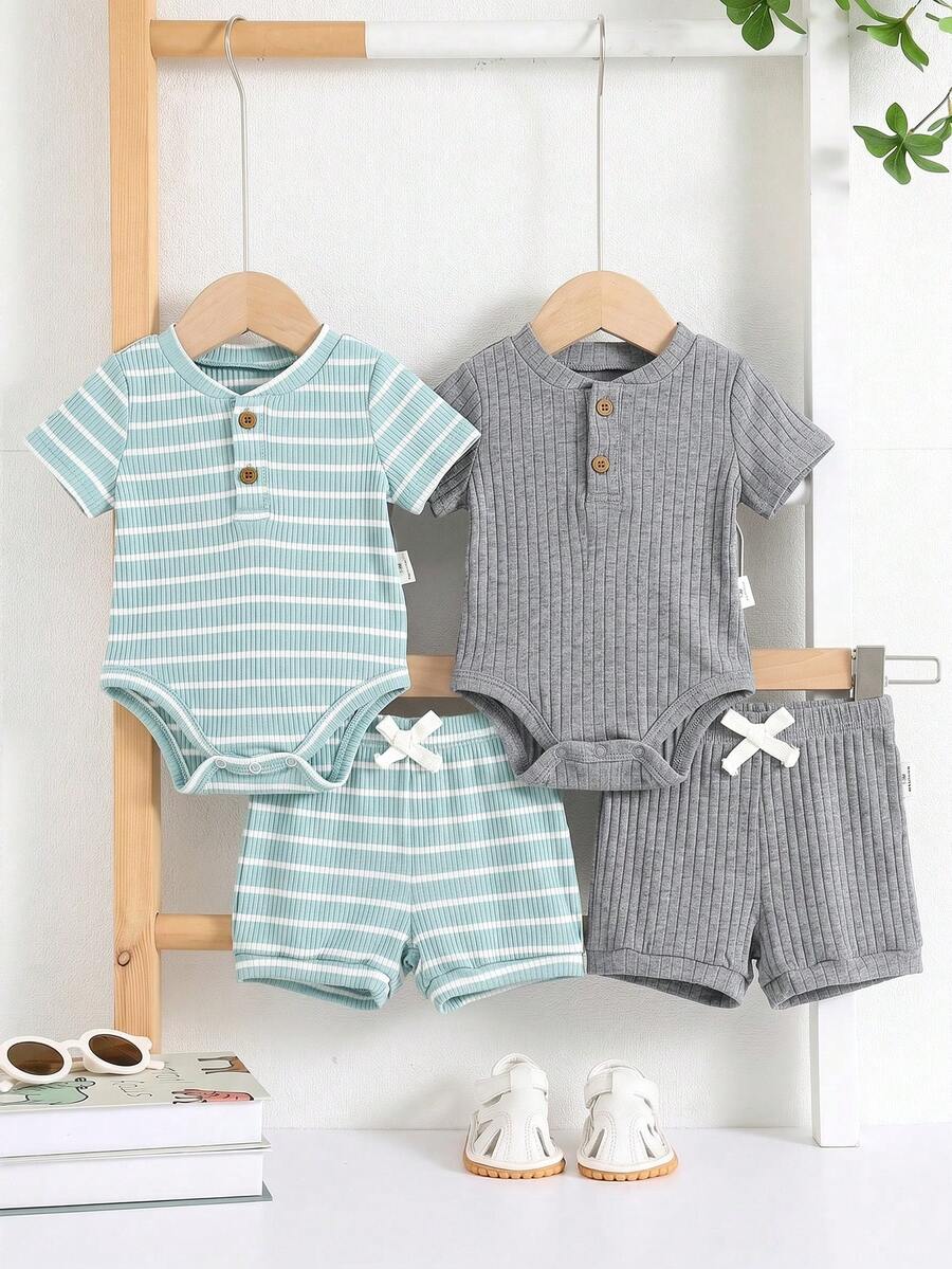 Striped Bodysuit and Shorts 4 Piece Outfit Set for Cute Summer Daily Wear