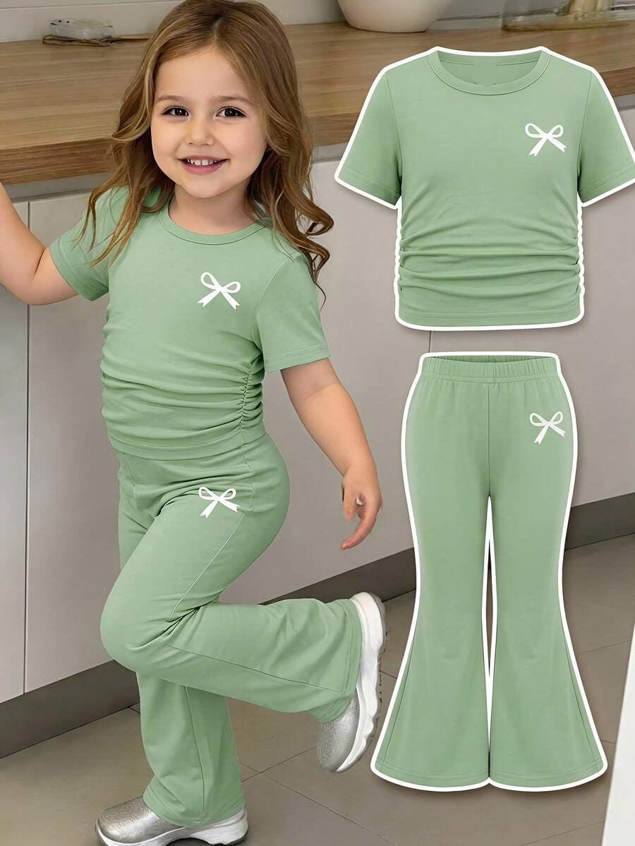Spring Summer Flare Pants Outfit For Little Girls With Bow Print Design