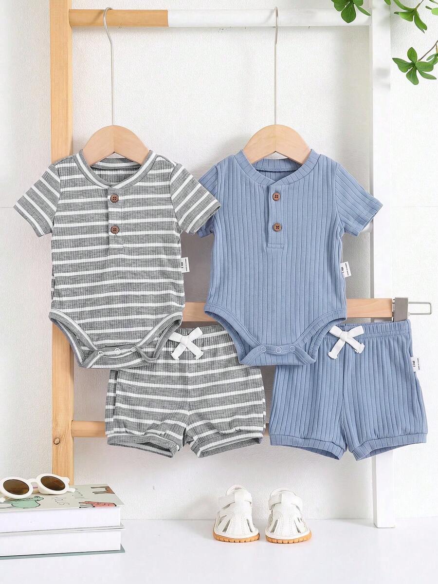 Striped Bodysuit and Shorts 4 Piece Outfit Set for Cute Summer Daily Wear