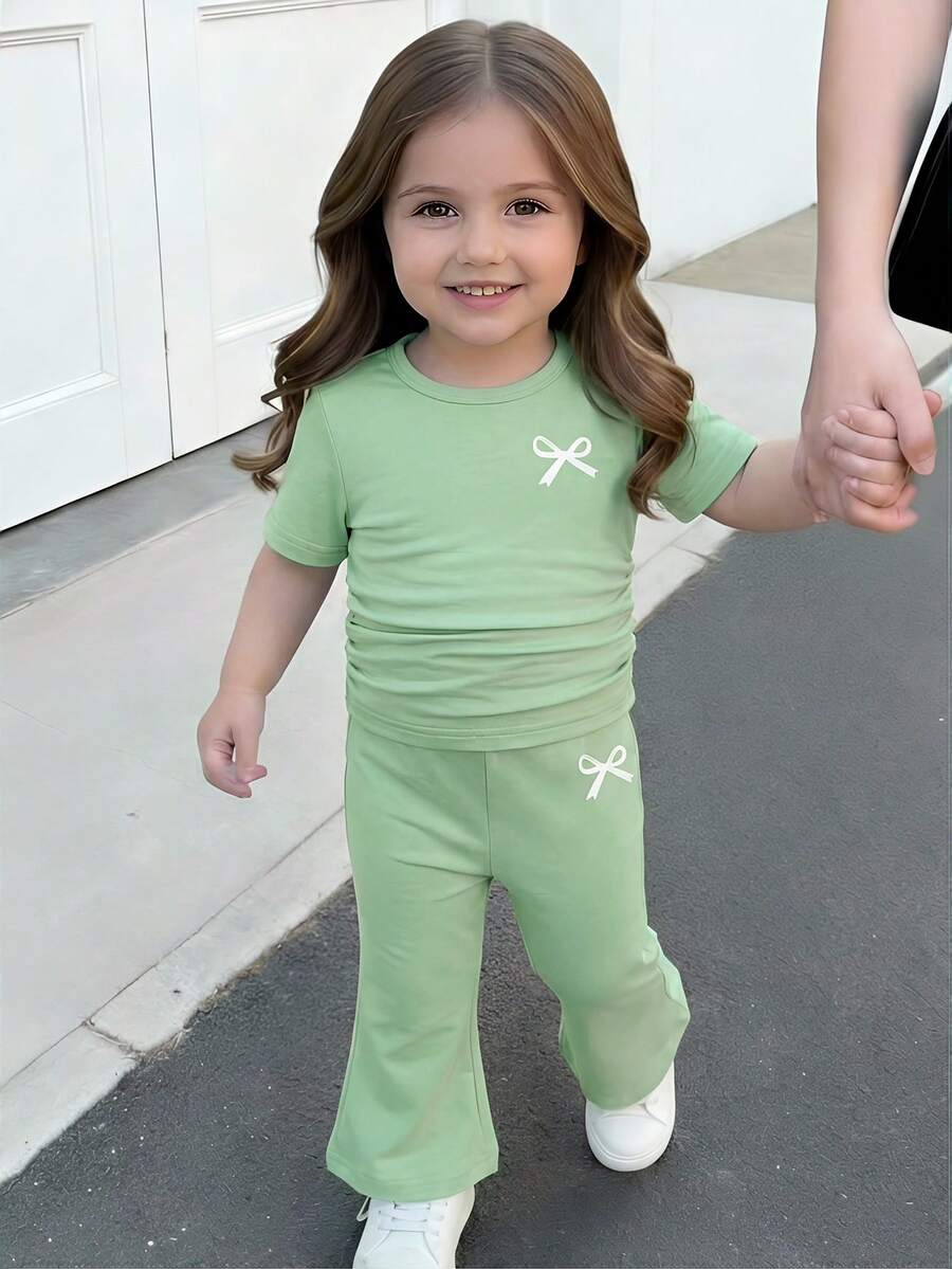 Spring Summer Flare Pants Outfit For Little Girls With Bow Print Design