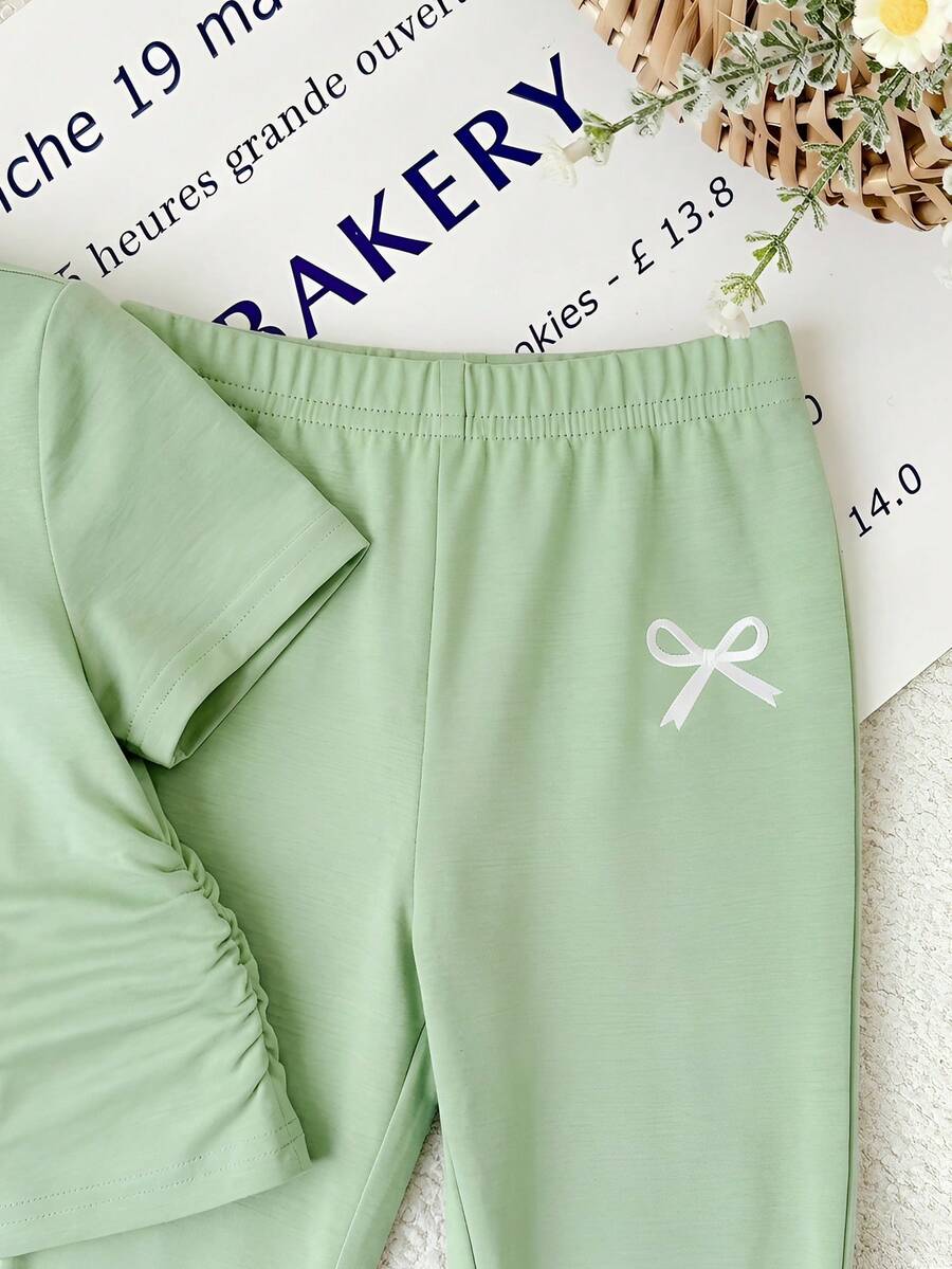 Spring Summer Flare Pants Outfit For Little Girls With Bow Print Design