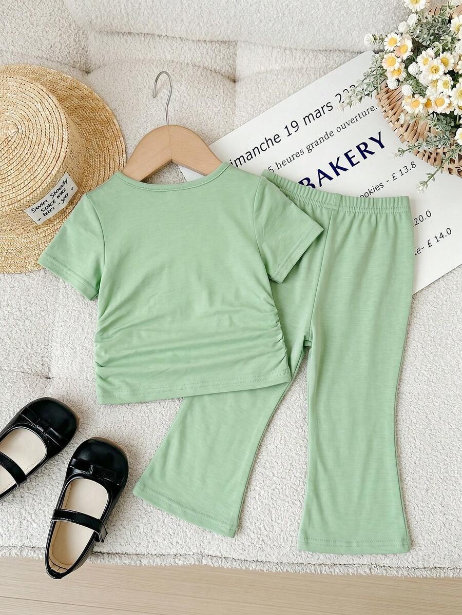 Spring Summer Flare Pants Outfit For Little Girls With Bow Print Design